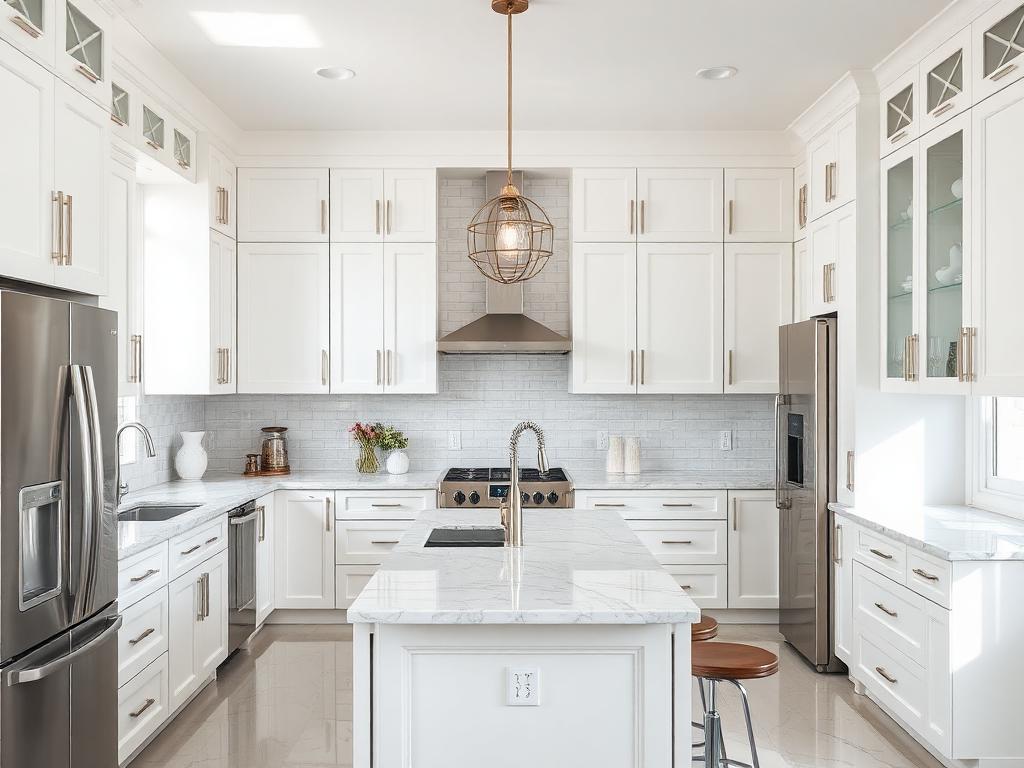 Kitchen remodeling contractor Metairie Louisiana with white cabinets granite countertops and modern appliances